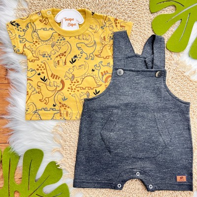 Conj. Camiseta Dinos e Jardineira em Moletinho - Chumbo e Amarelo Deserto